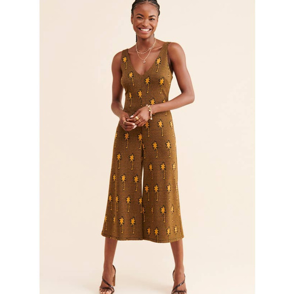 New Anthropologie x Hutch Mimi Palm Print Wide-Leg Jumpsuit $209 X-SMALL Brown - Picture 4 of 8